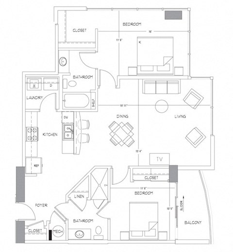 Floor plan for 2 beds, 2 baths, 1187 sqft